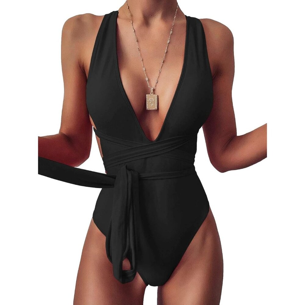 Lilosy MEDIUM Criss Cross Plunge One-Piece Swimsuit Brazilian Cheeky Monokini